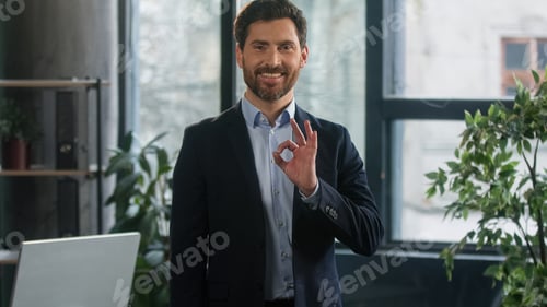 Preview: Smiling adult caucasian man in office look camera successful businessman professional manager