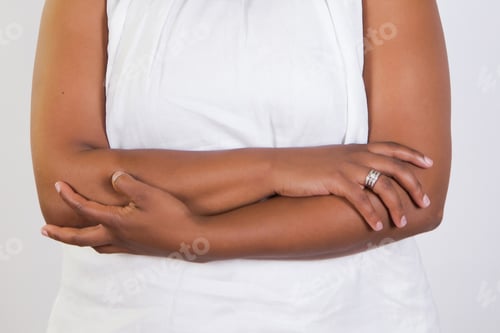 Preview: woman with white shirt arms visible on white background