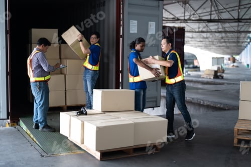 Preview: Workers open steel 40 feet container doors carry box supervisor standing check paper checklist
