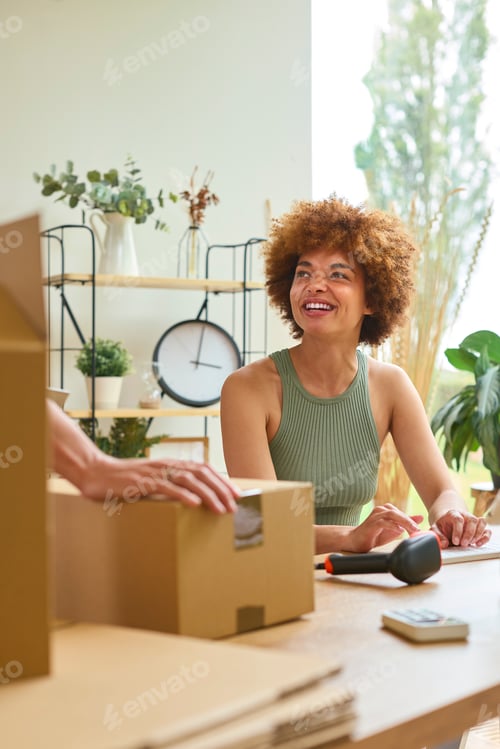 Preview: Woman Running Online Fashion Business From Home Working At Computer
