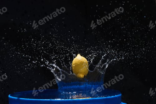 Vista previa: Limón amarillo cayendo en el agua azul sobre un fondo negro
