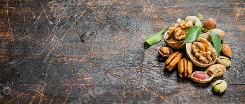 Preview: Nuts background. Assortment of different nuts with green leaves .
