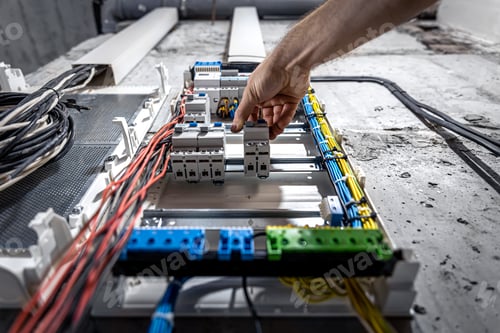Preview: A male electrician works in a switchboard with an electrical connecting cable.