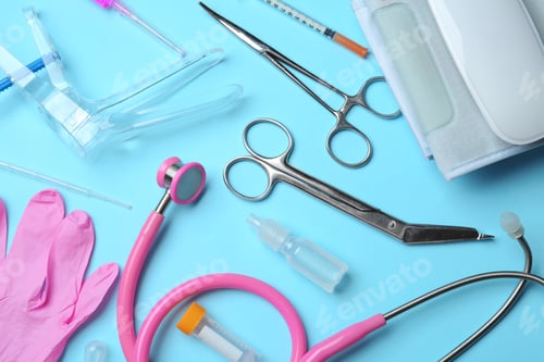 Preview: Different medical objects on color background, flat lay