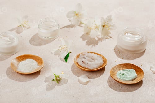 Vista previa: skincare products and jasmine flowers. natural cosmetics for home spa treatment