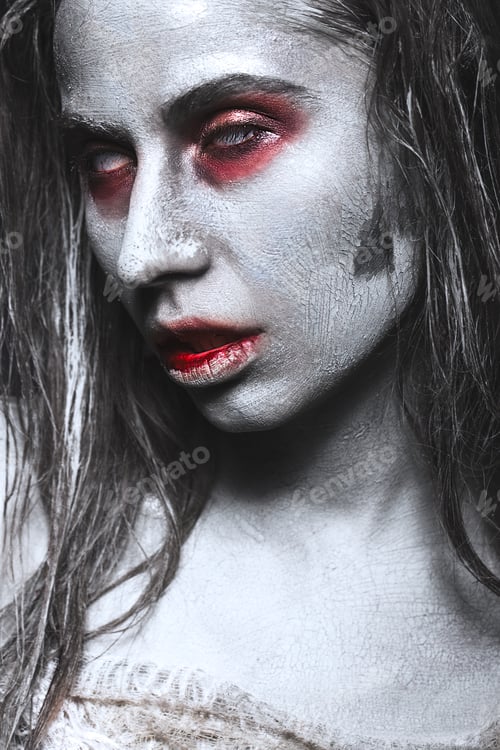 Preview: Girl in form of zombies, Halloween corpse with blood on his lips. Image for a horror film.