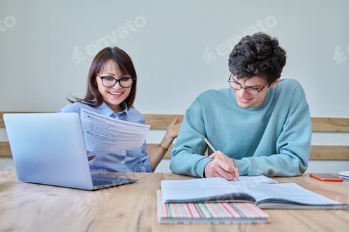 Preview: Young teenage male studying languages with teacher in classroom