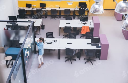 Preview: From above of professional young female standing while working on project by glass wall in office
