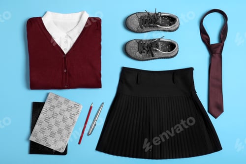 Preview: Flat lay composition with school uniform on blue background