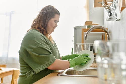 Preview: Young woman with Down syndrome enjoys a cozy moment while washing dishes at home