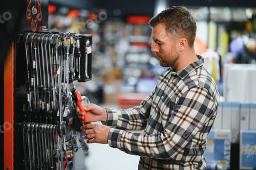 Preview: the buyer of the hypermarket of tools and finishing goods chooses an open-end wrench