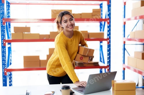 Preview: Asian female online business owner checking stock orders from customer