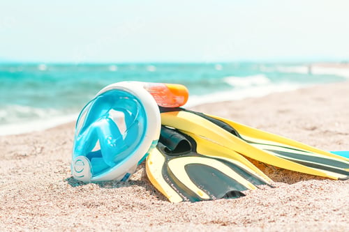 Preview: Flippers, diving mask, snorkeling accessories on the beach