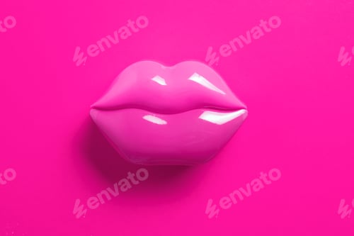 Preview: Artificial pink lips shape on pink background. Beauty, care, perfection concept.Minimalism