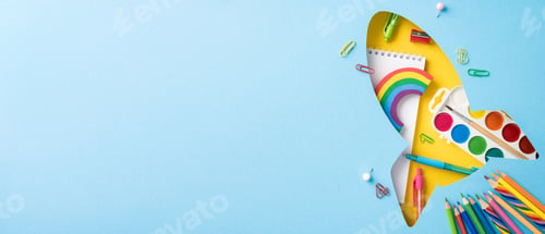 Preview: Back to school concept with colorful school supplies arranged in a rocket shape