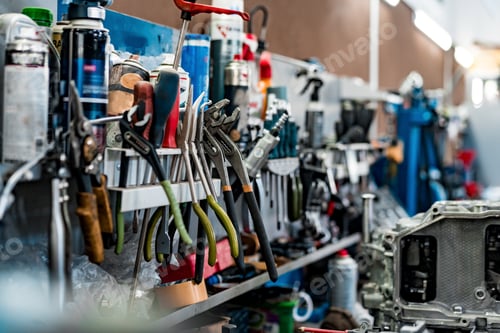 Preview: Large workbench with tools at station for vehicle technical servicing