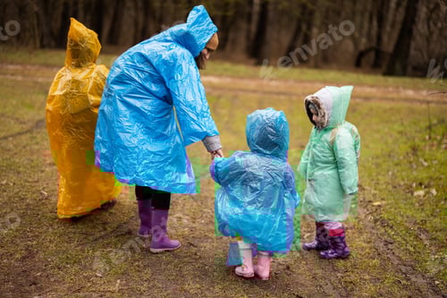 Preview: Rear view of mother and three children walking in the forest after rain in raincoats together.