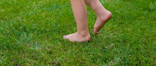 Preview: Child feet on the grass. Selective focus.