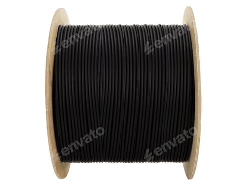 Preview: Electricity black cable on wooden spools. ISOLATED