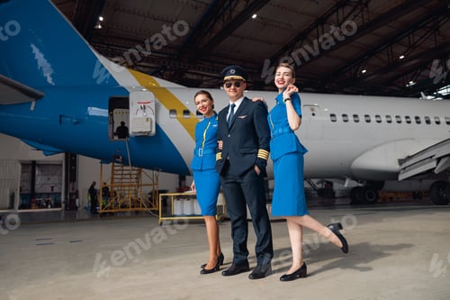 Preview: Pilot in uniform and aviator sunglasses standing together with two air stewardesses