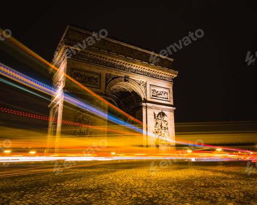 Preview: Timelapse shot of light trails around Arc de Triomphe in Paris, France.