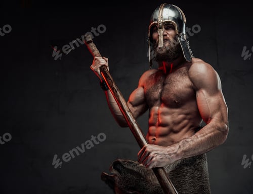 Preview: Viking with naked torso and beard posing in dark background