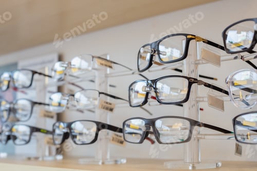 Preview: row of spectacles on shelves in eyeglasses shop. eyewear optical stylish. vision specs concept.