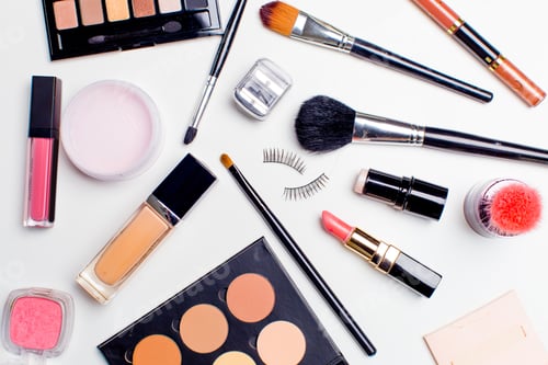Preview: Brush and cosmetic isolated on a white background. Top view.