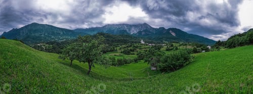 Preview: Drežnica village, Slovenia. Drone aerial view. Picturesque rural green landscape