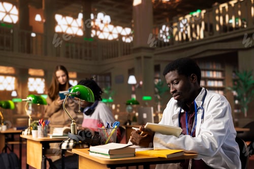 Preview: African american medic resident studying for his practice exam in the library