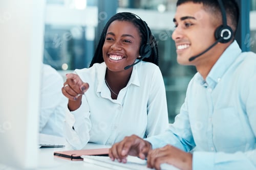 Preview: Call center, happy manager and crm employee training on computer for company advice, goal or target