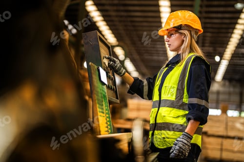 Preview: woman worker carpenter checking the quality of wooden products a