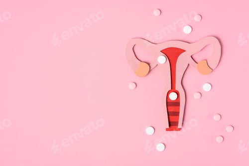 Preview: top view of female reproductive system and pills on pink