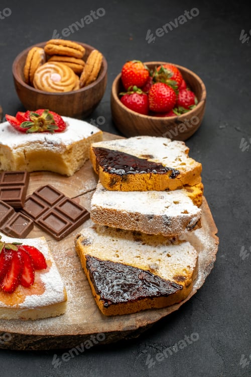 Preview: front view cake slices with cookies and fruits on dark background pie biscuit sweet