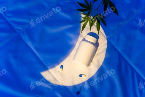 Preview: Night bedroom, jar of cannabis capsules, hemp branch in moonlight
