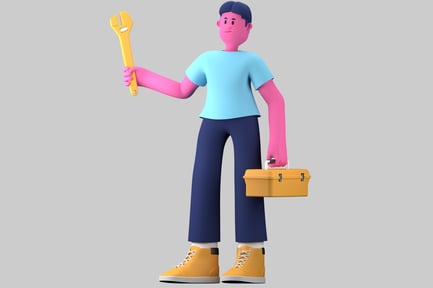 Preview: Person holding a yellow toolbox and a wrench.