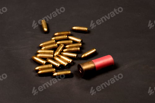 Preview: A group of pistol bullets and a rifle cartridge from a shotgun shotgun, Military