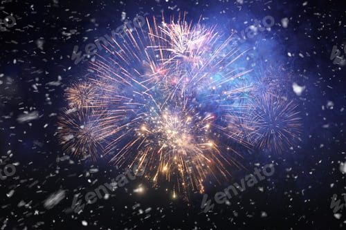 Preview: Amazing magical festive golden fireworks on New Year's Eve 2025 in the night sky with snow