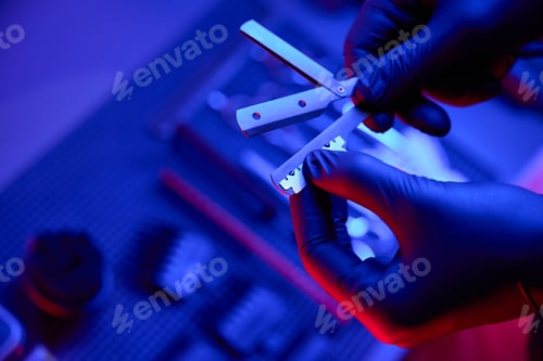 Preview: Hairdresser showing straight razor at camera in barbershop