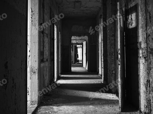 Preview: Greyscale shot of a creepy abandoned hallway inside of a building