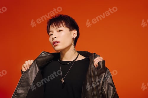 Preview: Stylish young man posing confidently against a vibrant orange backdrop during a photoshoot