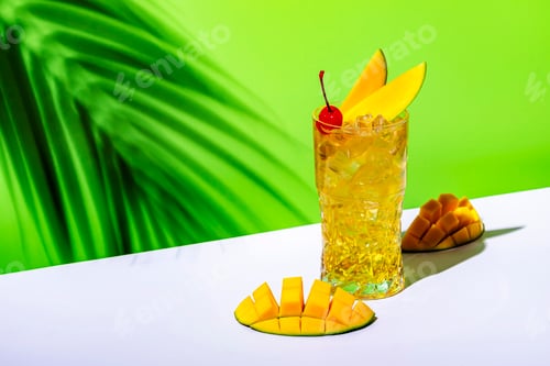 Preview: Mango and rum alcoholic cocktail drink with syrup, ginger beer, lemon juice and ice, hard light