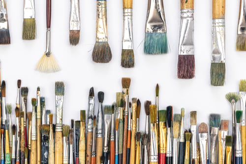 Preview: Many brushes for painting on a white background, top view.