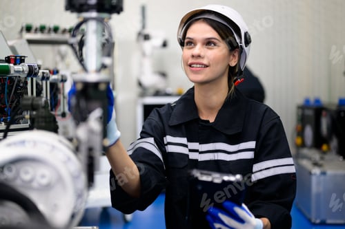 Preview: Smiling portrait of female technician checking and repairing automatic machine