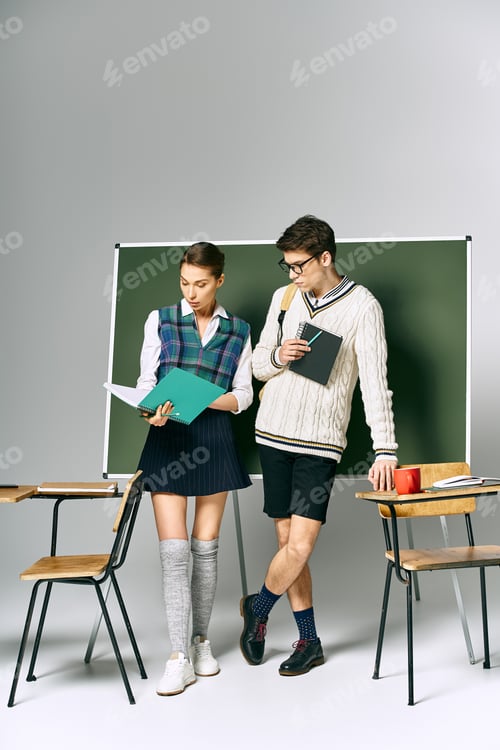 Preview: Elegant Students Posing by Green Board