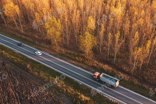 Preview: Aerial view of traffic on road through autumnal cottonwood fores