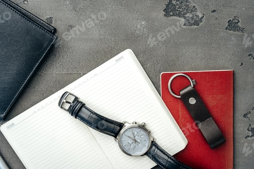 Preview: Male watch and notepad on dark grey table
