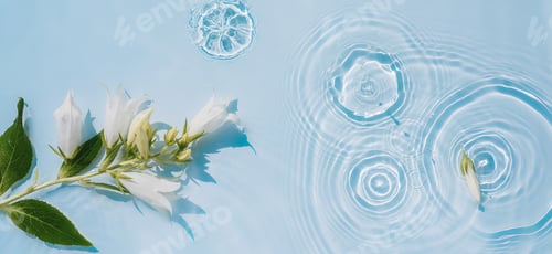 Vista previa: Water background with ripples on the surface and white flowers