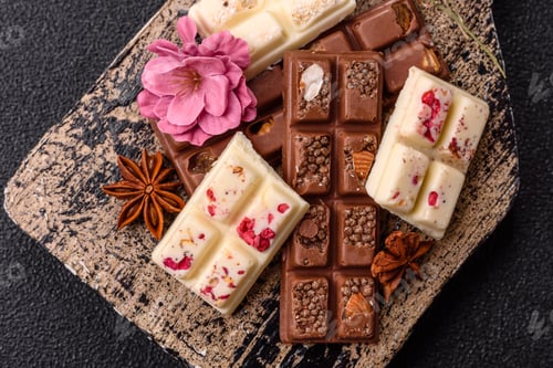 Vorschau: Mehrfarbige handgemachte Schokoriegel in den Farben Rosa, Weiß und Braun