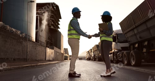 Preview: Engineer, handshake and people at construction site for welcome, greeting or agreement on building